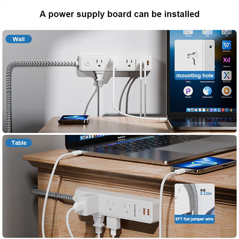 PUJIMAX щепсел Захранващ разклонител 5 фута удължителен кабел, 5 AC контакта 3 USB бързо зареждане, стенен монтаж Защита от претоварване на интелигентен дом