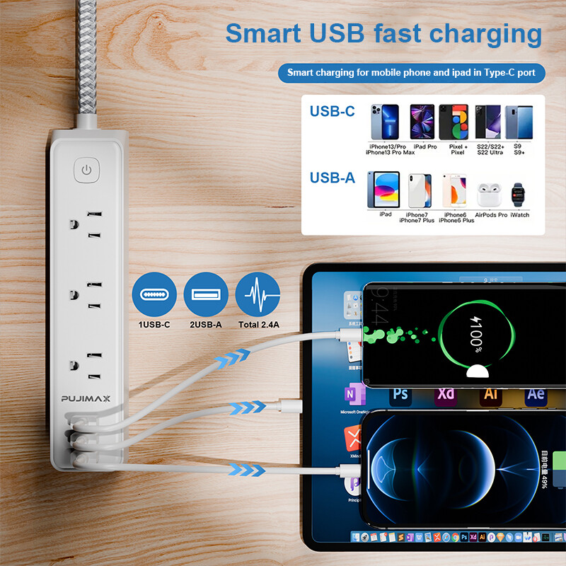 PUJIMAX щепсел Захранващ разклонител 5 фута удължителен кабел, 5 AC контакта 3 USB бързо зареждане, стенен монтаж Защита от претоварване на интелигентен дом