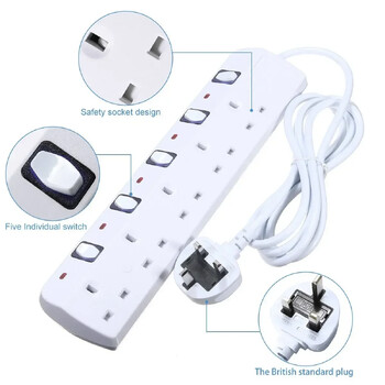 Melery Power Strip Surge Protector 5 Way AC Πρίζες UK Πρίζες Ατομικό διακόπτη Ηλεκτρικό καλώδιο επέκτασης 2m Home Office