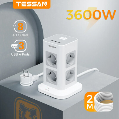 TESSAN Ultra Thin Flat Plug Vertical Tower Πολύπριζο με Πολλαπλές Πρίζες & Θύρες USB Καλώδιο επέκτασης ηλεκτρικής πρίζας EU