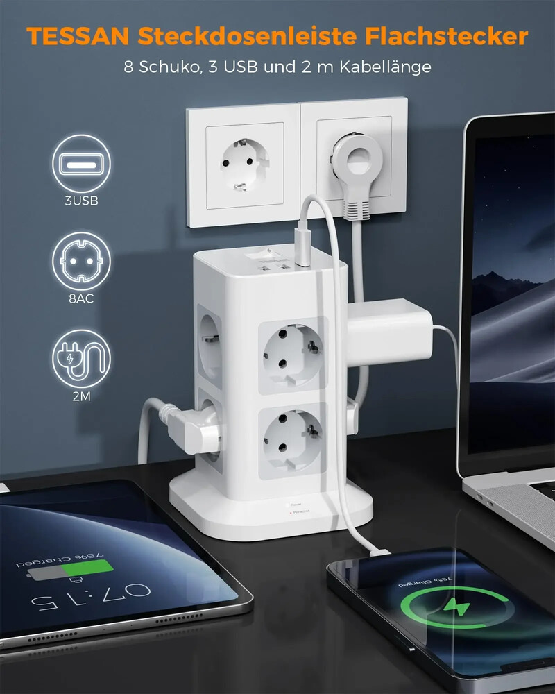 TESSAN ultra tanki plosnati utikač Vertikalni toranj strujni kabel s više utičnica i USB priključcima EU utikač Produžni kabel za električnu utičnicu