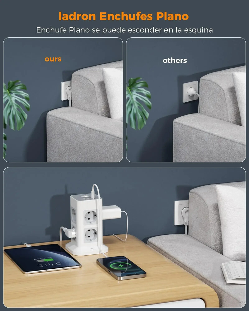 TESSAN ultra tanki plosnati utikač Vertikalni toranj strujni kabel s više utičnica i USB priključcima EU utikač Produžni kabel za električnu utičnicu