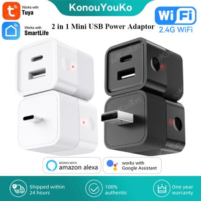 Tuya WiFi Smart TypeC USB адаптер Превключвател 2 в 1 Mini USB захранващ адаптер Зарядно щепсел Време за гласово управление Работи с Alexa Google