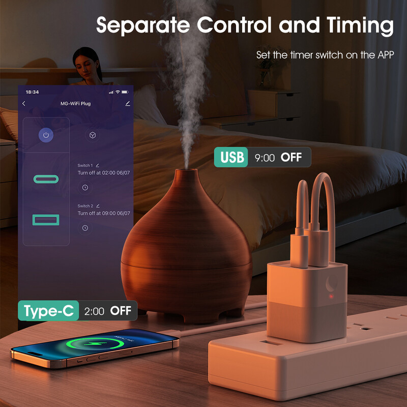 Tuya WiFi Smart TypeC USB adaptera slēdzis 2 vienā Mini USB barošanas adaptera lādētājs Spraudnis Laika balss vadība darbojas ar Alexa Google