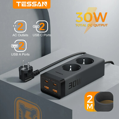 Priză multiplă TESSAN GaN de 30 W cu 2 prize +2 USB +2 tip C, priză cub cu prelungitor de 2 m protecție la supratensiune