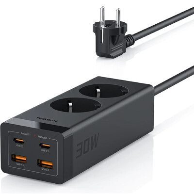 TESSAN 30W GaN razvodni kabel s više utičnica s 2 izlaza +2 USB +2 tipa C, kockasta utičnica s 2M produžnim kabelom Zaštita od prenapona