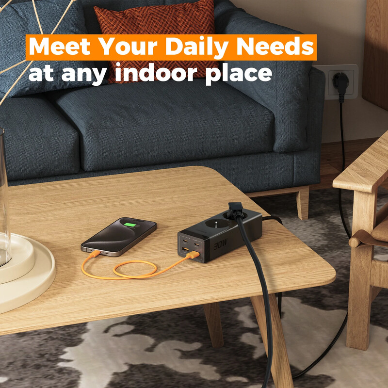 TESSAN 30W GaN razvodni kabel s više utičnica s 2 izlaza +2 USB +2 tipa C, kockasta utičnica s 2M produžnim kabelom Zaštita od prenapona