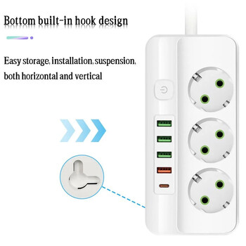 EU Plug Power Strip 3/4/5/6 Υποδοχή 2500W Ηλεκτρική πρίζα με 4 θύρες USB 1 Type-C 2m Καλώδιο επέκτασης Προσαρμογέας 2.1a Φόρτιση