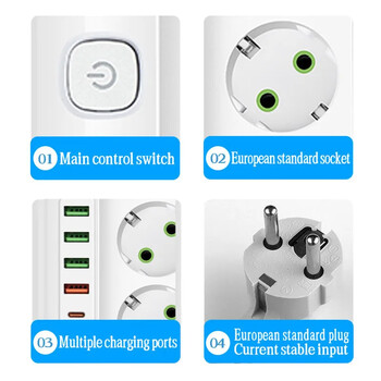 EU Plug Power Strip 3/4/5/6 Υποδοχή 2500W Ηλεκτρική πρίζα με 4 θύρες USB 1 Type-C 2m Καλώδιο επέκτασης Προσαρμογέας 2.1a Φόρτιση