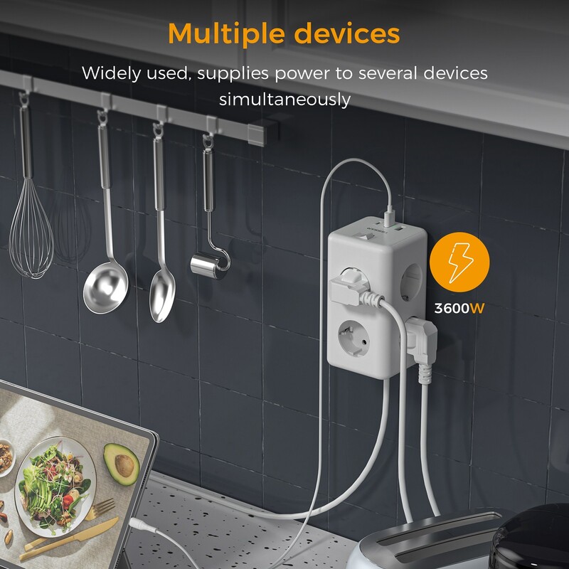 TESSAN razdjelnik s višestrukim utičnicama sa 6 utičnica 2 USB priključka 1 tip C zidna kockasta utičnica s prekidačem 2M produžni kabel