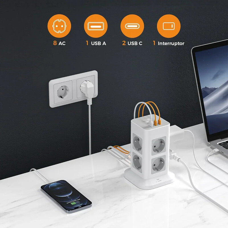 TESSAN razvodnik s višestrukim utičnicama s 8 utičnica +1 USB +2 vertikalna toranjska utičnica tipa C s 2M produžnim kabelom Zaštita od prenapona