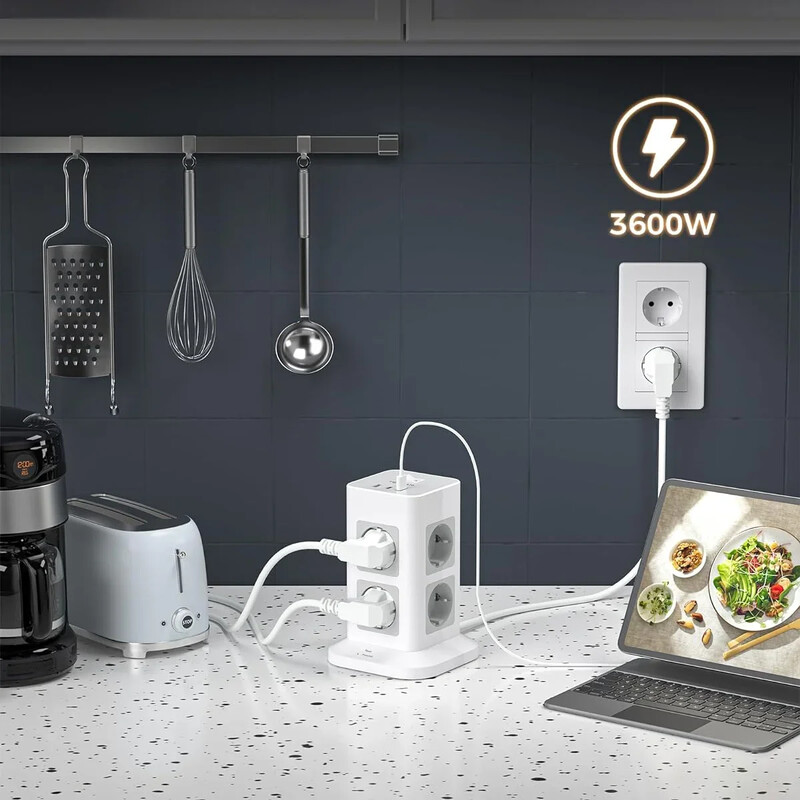 TESSAN razvodnik s višestrukim utičnicama s 8 utičnica +1 USB +2 vertikalna toranjska utičnica tipa C s 2M produžnim kabelom Zaštita od prenapona