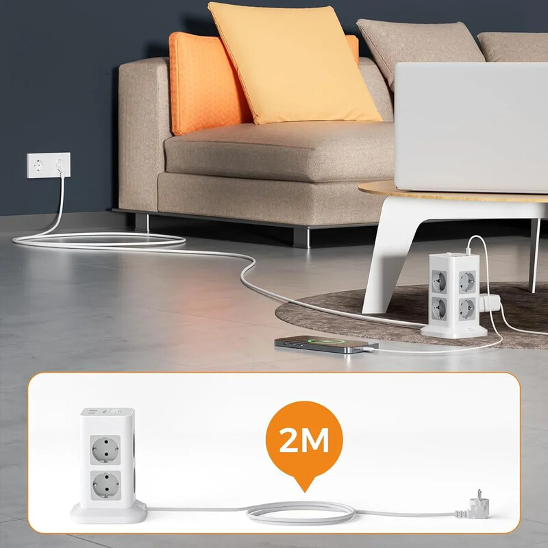 TESSAN razvodnik s višestrukim utičnicama s 8 utičnica +1 USB +2 vertikalna toranjska utičnica tipa C s 2M produžnim kabelom Zaštita od prenapona