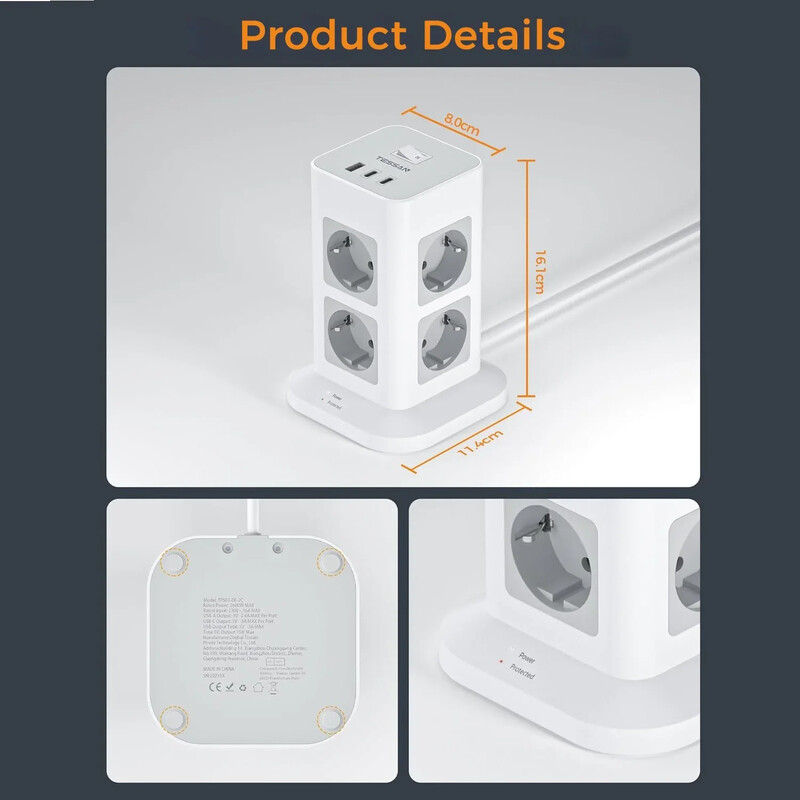 TESSAN razvodnik s višestrukim utičnicama s 8 utičnica +1 USB +2 vertikalna toranjska utičnica tipa C s 2M produžnim kabelom Zaštita od prenapona