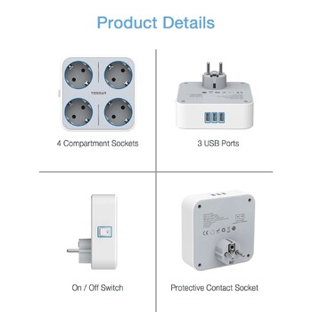 TESSAN USB επιτοίχιας επέκτασης με 4 πρίζες εναλλασσόμενου ρεύματος +3 θύρες USB 5V 2.4A Προσαρμογέας 7-σε-1 Διακόπτης ενεργοποίησης/απενεργοποίησης πρίζας για οικιακό γραφείο