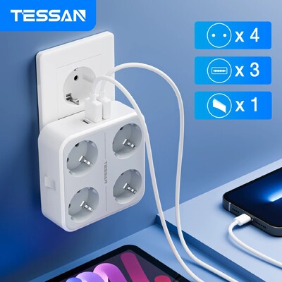 TESSAN USB επιτοίχιας επέκτασης με 4 πρίζες εναλλασσόμενου ρεύματος +3 θύρες USB 5V 2.4A Προσαρμογέας 7-σε-1 Διακόπτης ενεργοποίησης/απενεργοποίησης πρίζας για οικιακό γραφείο