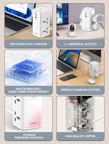 LDNIO Tower захранващ разклонител с множество изходи с 70W тип C 2M удължителен кабел EU UK US щепсел Вертикален електрически контакт Защита от пренапрежение