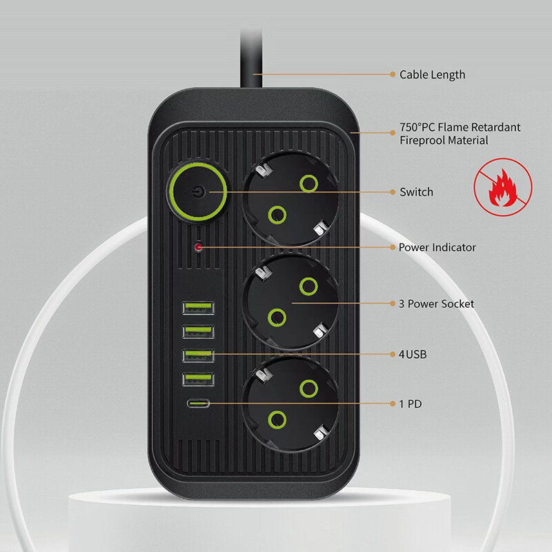 2/5M EU utikač AC utičnice Multitap utičnica Produžni kabel Električni razvodnik s USB-om tipa C Brzo punjenje Mrežni filtarski adapter