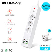 PUJIMAX EU utikač Razvodnik s USB priključcima Produžni kabel Utičnica Mrežni filtar Okrugla igla AC Utičnica 3000 W Električno punjenje Ada