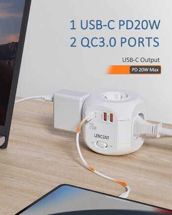 LENCENT EU Plug Strip Cube με 4 πρίζες AC +2 QC3.0 USB +1 PD20W TypeC 2M πλεκτό καλώδιο γρήγορος φορτιστής με διακόπτη για το σπίτι