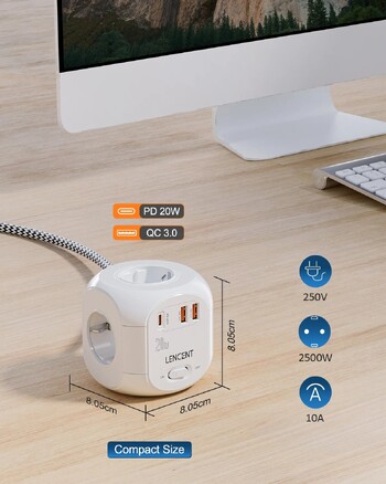 LENCENT EU Plug Strip Cube με 4 πρίζες AC +2 QC3.0 USB +1 PD20W TypeC 2M πλεκτό καλώδιο γρήγορος φορτιστής με διακόπτη για το σπίτι