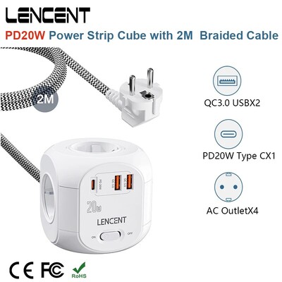 LENCENT EU utikač Power Strip Cube s 4 AC utičnice +2 QC3.0 USB +1 PD20W TypeC 2M pleteni kabel, brzi punjač s prekidačem za dom