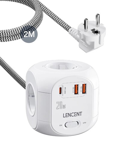 LENCENT EU utikač Power Strip Cube s 4 AC utičnice +2 QC3.0 USB +1 PD20W TypeC 2M pleteni kabel, brzi punjač s prekidačem za dom