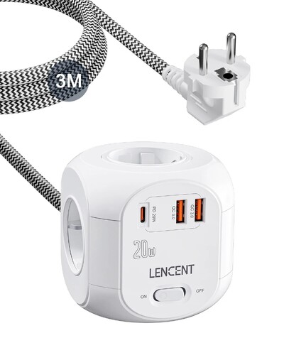 LENCENT EU utikač Power Strip Cube s 4 AC utičnice +2 QC3.0 USB +1 PD20W TypeC 2M pleteni kabel, brzi punjač s prekidačem za dom