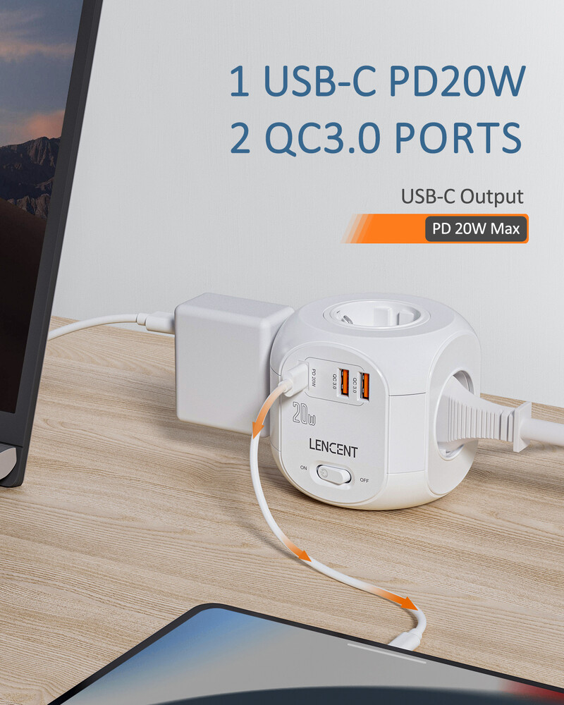LENCENT EU utikač Power Strip Cube s 4 AC utičnice +2 QC3.0 USB +1 PD20W TypeC 2M pleteni kabel, brzi punjač s prekidačem za dom