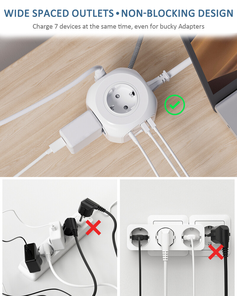LENCENT EU utikač Power Strip Cube s 4 AC utičnice +2 QC3.0 USB +1 PD20W TypeC 2M pleteni kabel, brzi punjač s prekidačem za dom