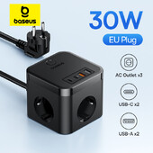 Зарядно устройство Baseus 30W Fast Power Strip 3AC Outlet Настолна станция за зареждане със защита от пренапрежение за мълнии за таблети iPhone 16 15