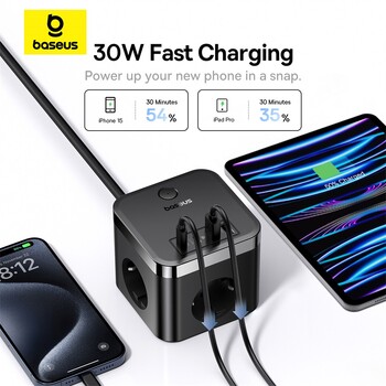 Baseus φορτιστής 30W Fast Power Strip Έξοδος 3AC Επιτραπέζιος σταθμός φόρτισης με προστασία από αστραπές υπέρτασης για ταμπλέτες iPhone 16 15