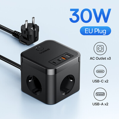 Зарядно устройство Baseus 30W Fast Power Strip 3AC Outlet Настолна станция за зареждане със защита от пренапрежение за мълнии за таблети iPhone 16 15