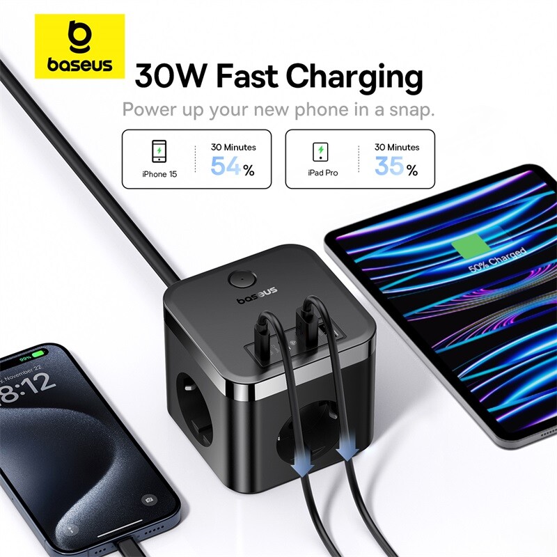 Зарядно устройство Baseus 30W Fast Power Strip 3AC Outlet Настолна станция за зареждане със защита от пренапрежение за мълнии за таблети iPhone 16 15