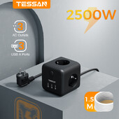 TESSAN Многоконтактен разклонител с 3 изхода 3 USB EU Plug Cube Електрически контакт с превключвател 1,5M удължителен кабел за дома