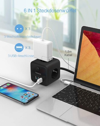 TESSAN Многоконтактен разклонител с 3 изхода 3 USB EU Plug Cube Електрически контакт с превключвател 1,5M удължителен кабел за дома