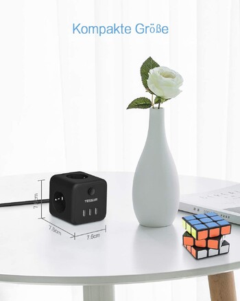 TESSAN Многоконтактен разклонител с 3 изхода 3 USB EU Plug Cube Електрически контакт с превключвател 1,5M удължителен кабел за дома