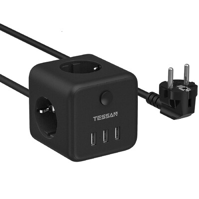 TESSAN Многоконтактен разклонител с 3 изхода 3 USB EU Plug Cube Електрически контакт с превключвател 1,5M удължителен кабел за дома
