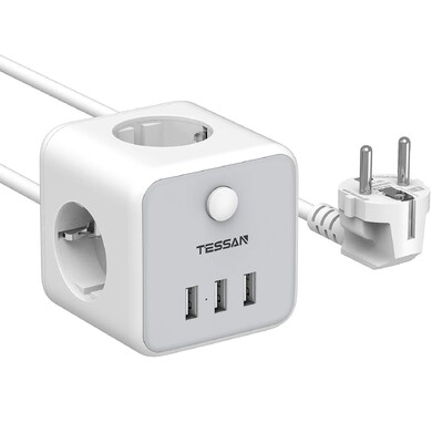 TESSAN Многоконтактен разклонител с 3 изхода 3 USB EU Plug Cube Електрически контакт с превключвател 1,5M удължителен кабел за дома