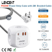 LENCENT Power Strip Cube s 4 AC utičnice +2 QC3.0 USB +1 PD20W tip C 2M/3M pleteni kabel s više utičnica s prekidačem za dom