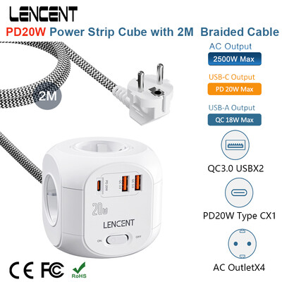 LENCENT Power Strip Cube s 4 AC utičnice +2 QC3.0 USB +1 PD20W tip C 2M/3M pleteni kabel s više utičnica s prekidačem za dom