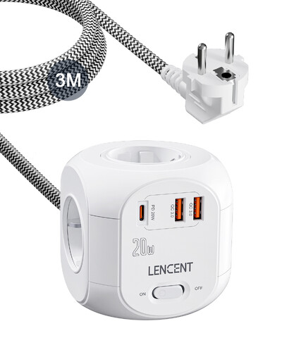 LENCENT Power Strip Cube s 4 AC utičnice +2 QC3.0 USB +1 PD20W tip C 2M/3M pleteni kabel s više utičnica s prekidačem za dom