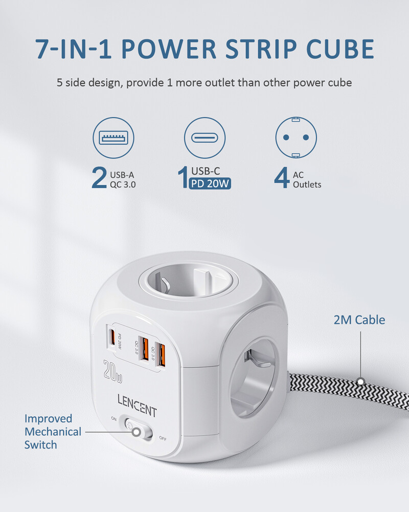 LENCENT Power Strip Cube s 4 AC utičnice +2 QC3.0 USB +1 PD20W tip C 2M/3M pleteni kabel s više utičnica s prekidačem za dom