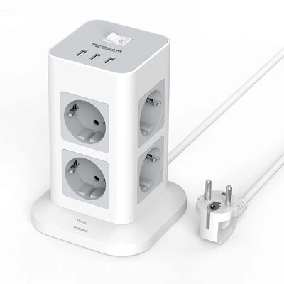TESSAN Tower Power Strip Multi Outlets с USB, 2M удължителен кабел EU Plug Вертикален електрически контакт Защита от пренапрежение за дома