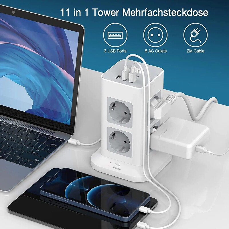 TESSAN Tower Power Strip Multi Outlets с USB, 2M удължителен кабел EU Plug Вертикален електрически контакт Защита от пренапрежение за дома