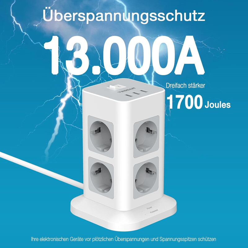 TESSAN Tower Power Strip Multi Outlets с USB, 2M удължителен кабел EU Plug Вертикален електрически контакт Защита от пренапрежение за дома