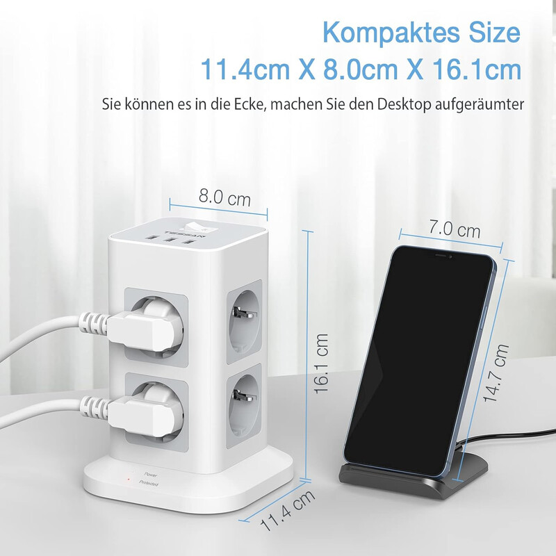 TESSAN Tower Power Strip Multi Outlets с USB, 2M удължителен кабел EU Plug Вертикален електрически контакт Защита от пренапрежение за дома