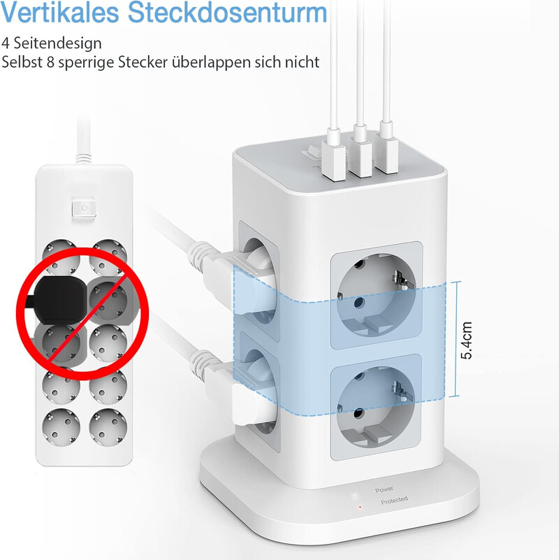 TESSAN Tower Power Strip Multi Outlets с USB, 2M удължителен кабел EU Plug Вертикален електрически контакт Защита от пренапрежение за дома