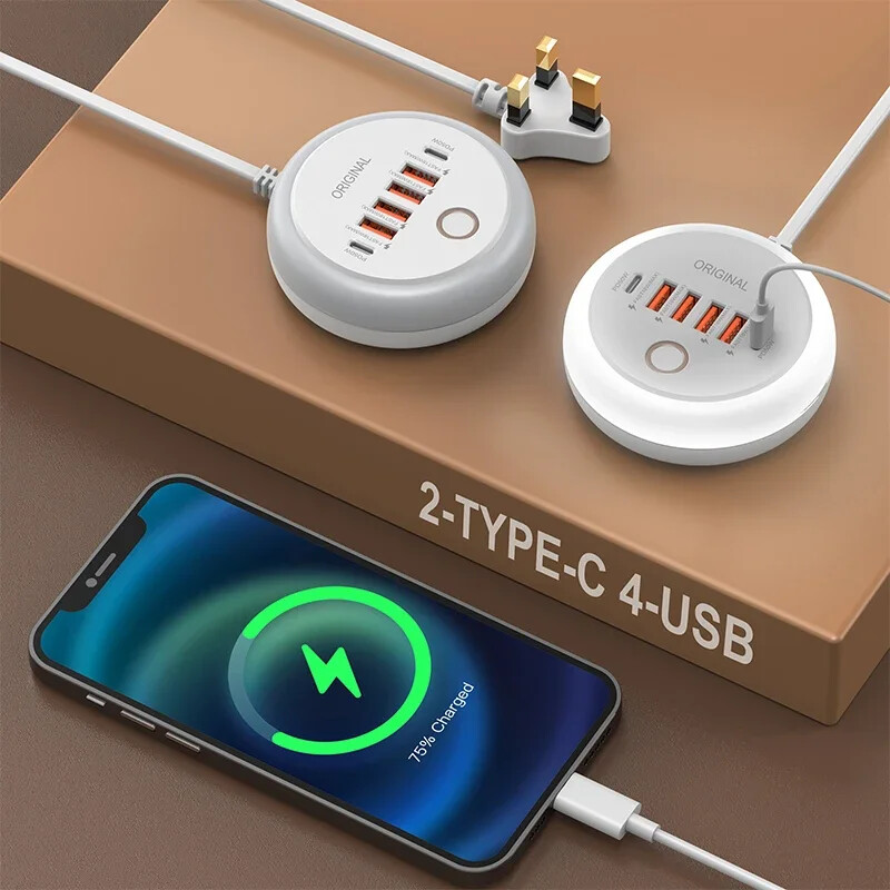 USB C utični punjač Ukupno 50 W višestruki priključak s kreativnim okruglim dodirnim LED noćnim svjetlom Inteligentno brzo punjenje Type-C PD punjač