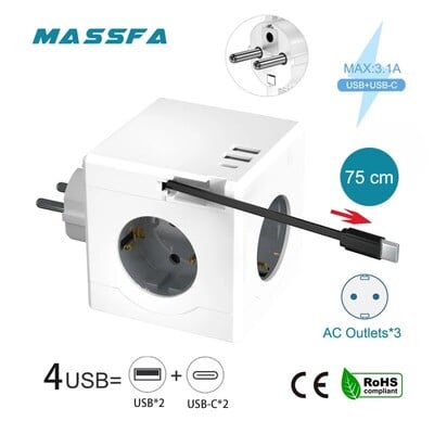 Adaptor pentru priză MASSFA cu priză multiplă cu priză UE Protector de supratensiune cu 3 prize AC 3 porturi USB cu cablu USB-C retractabil